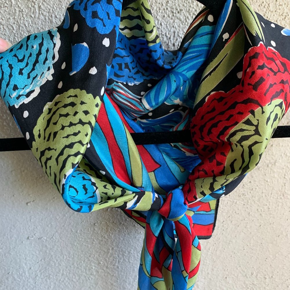Vena Silk Black Royal Olive Red & Turquoise 90s Square 30.5" Scarf